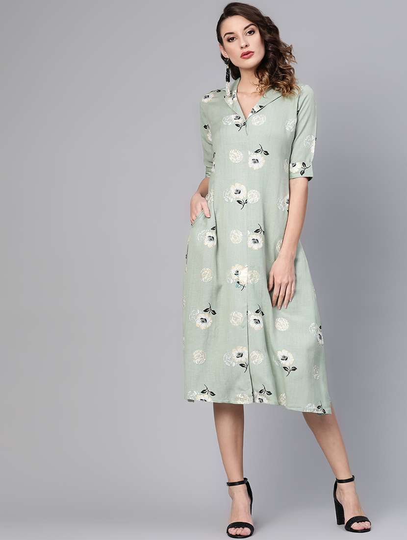 lapel neck floral a-line dress