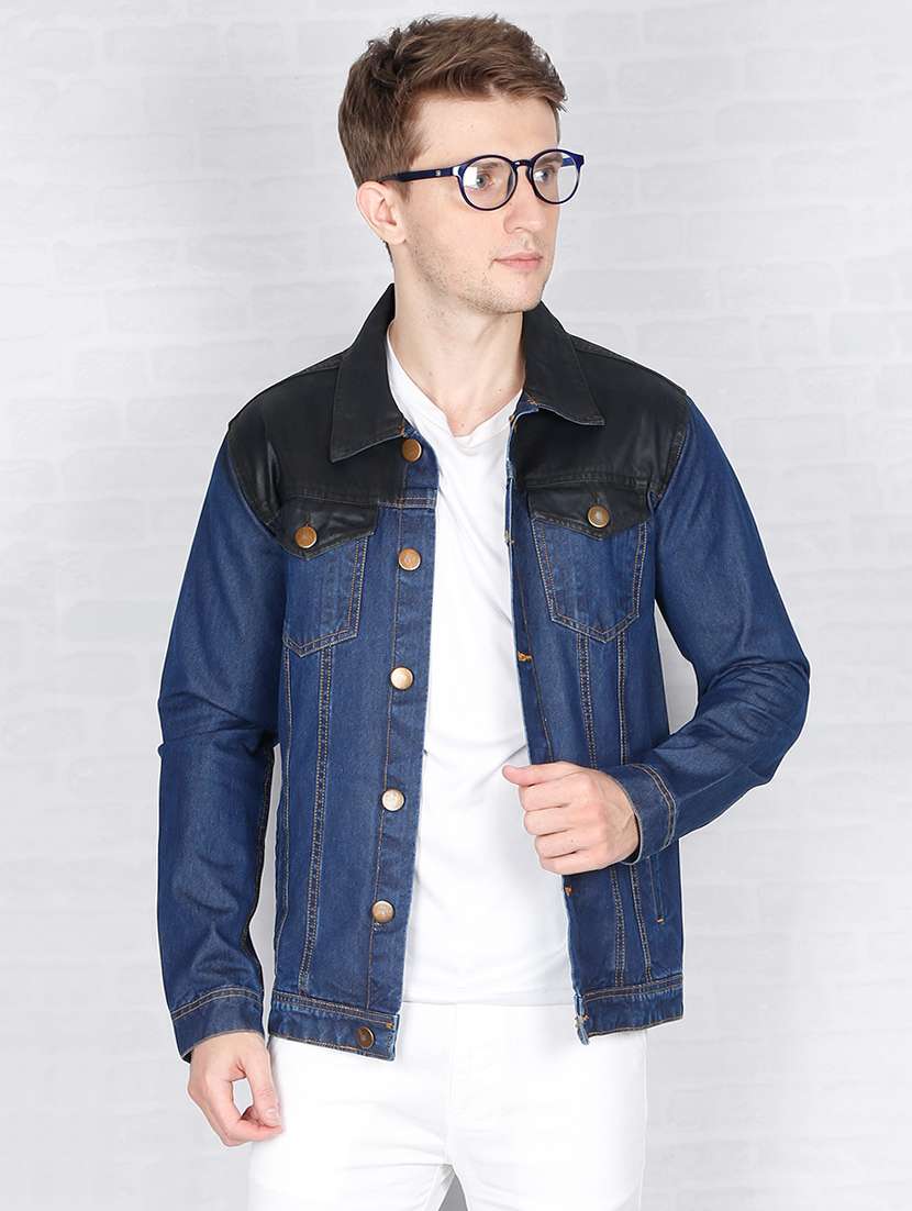 blue color block denim jacket
