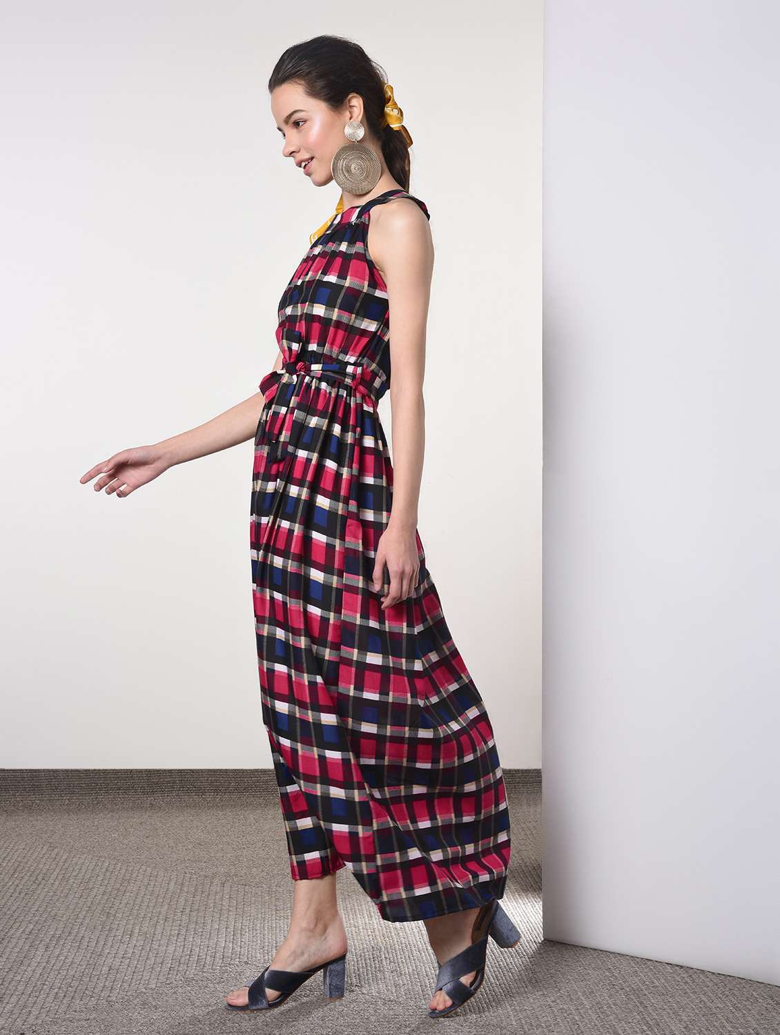 tie front checkered maxi dress