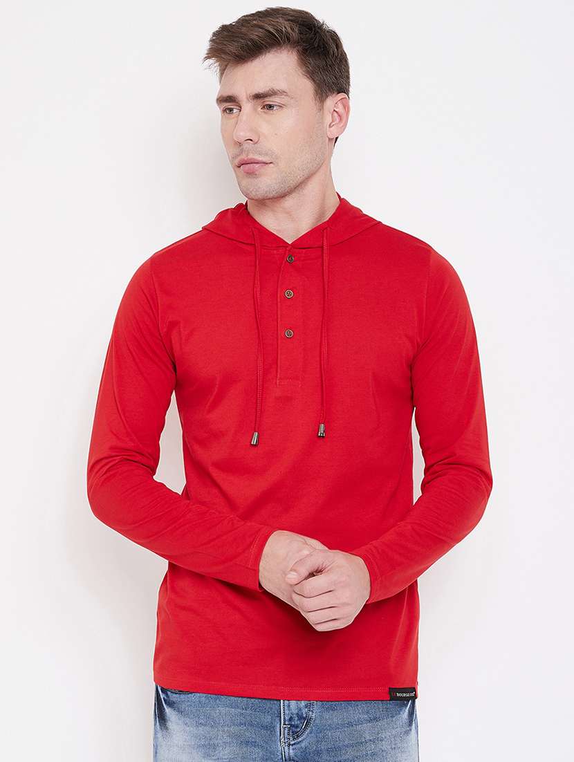 men solid long sleeves hooded t-shirt