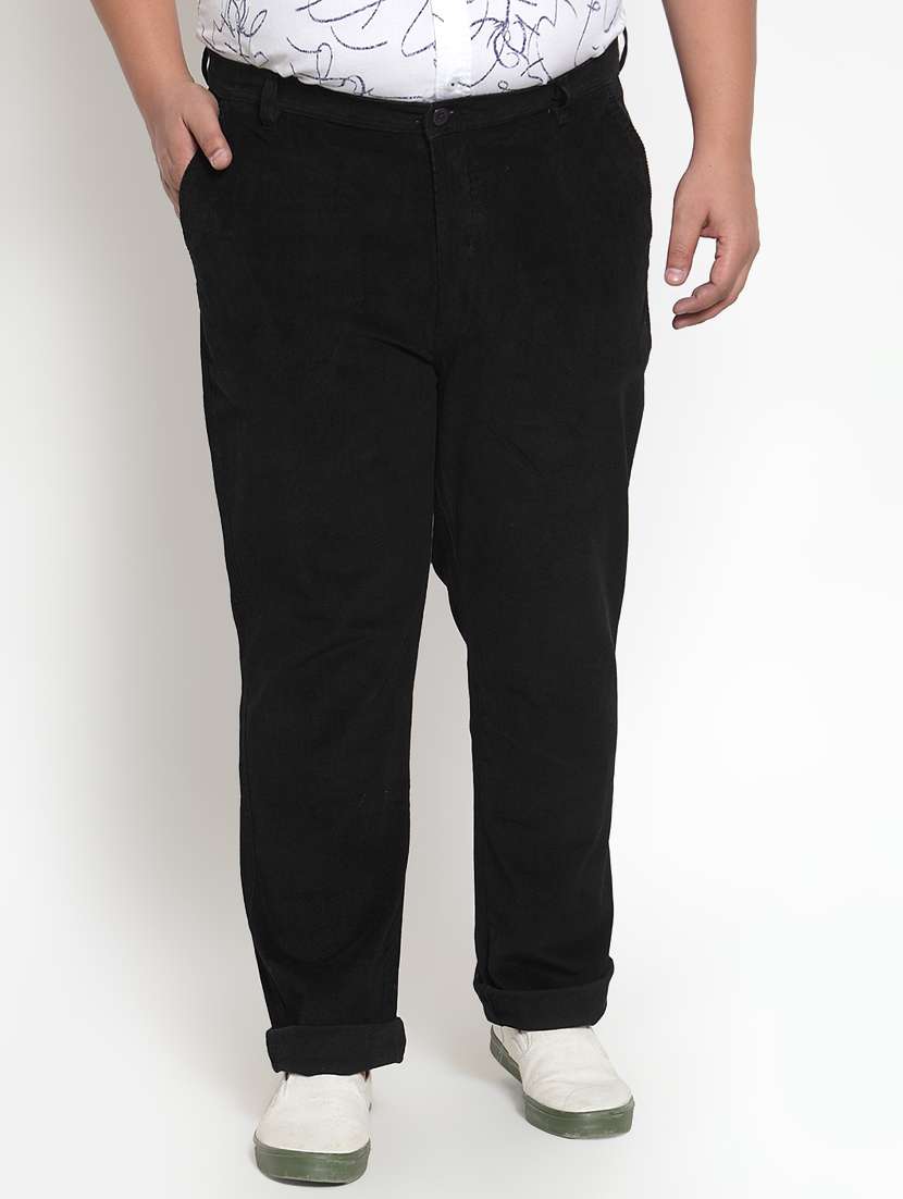Black Solid Flat Front Casual Trouser (Plus Size)