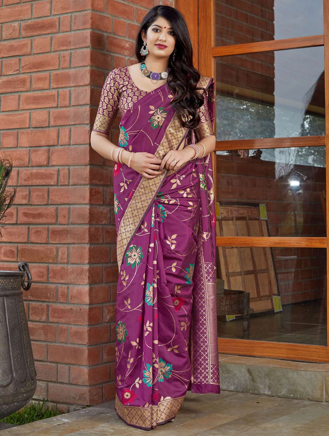 floral banarasi silk saree with blouse