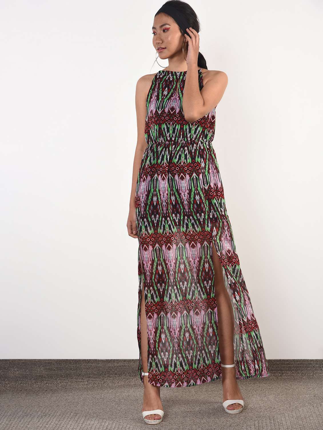 halter neck abstract high slit dress 