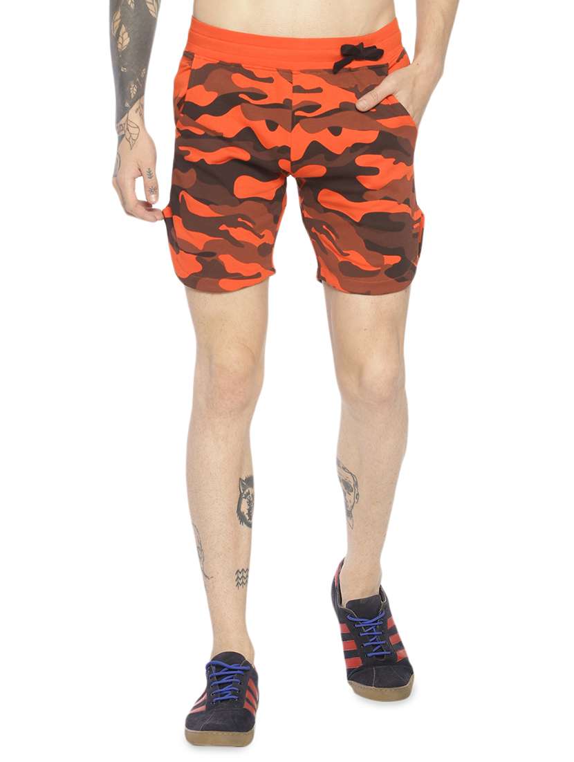 orange camouflage print shorts