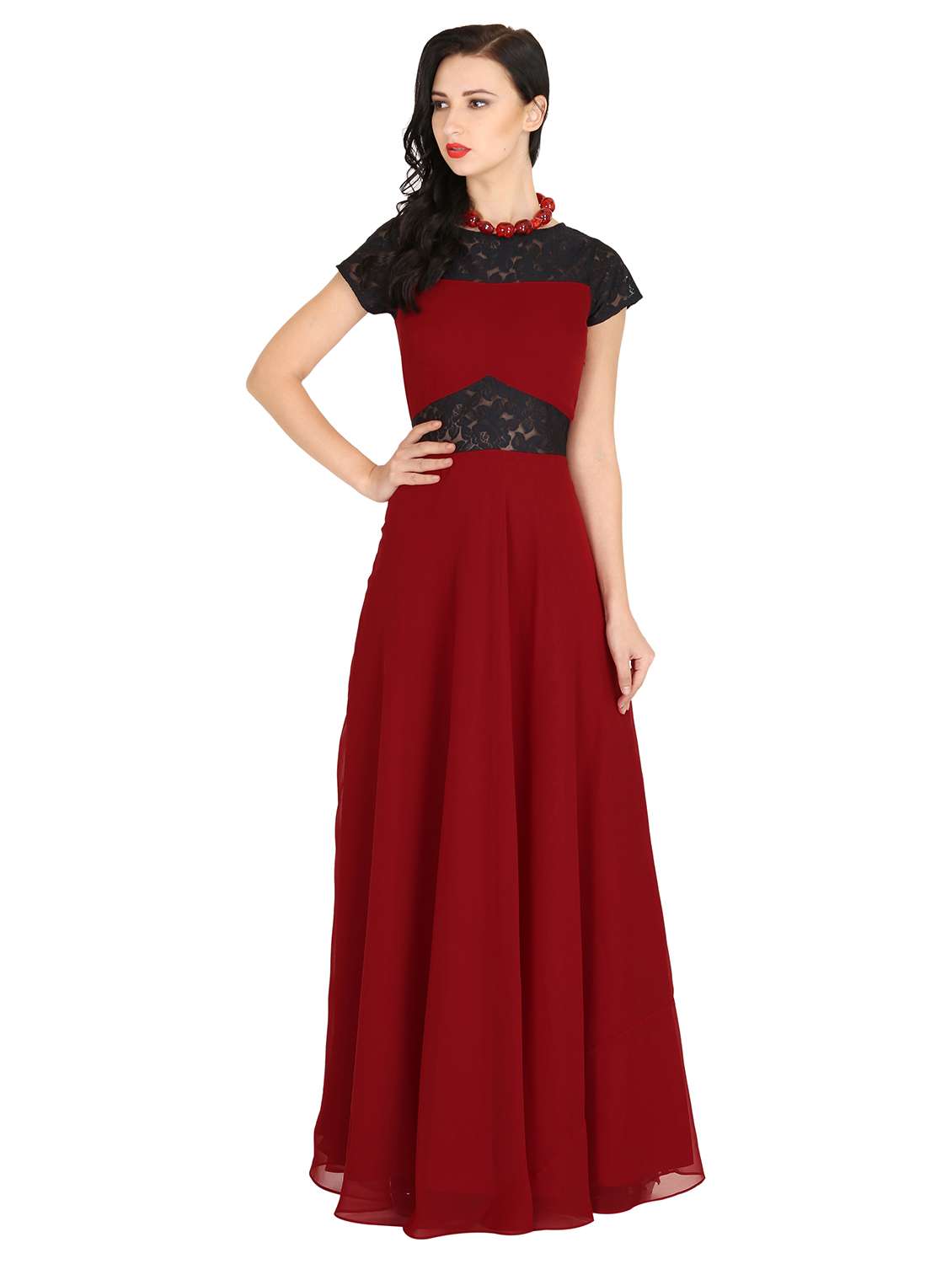 contrast lace bow tie gown dress