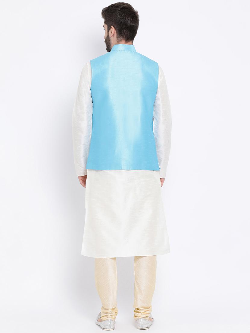 off white dupion kurta pyjama set with blue solid nehru jacket - 16843934 - Standard Image - 2