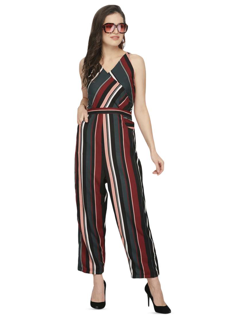 overlap neck striped jumpsuit 