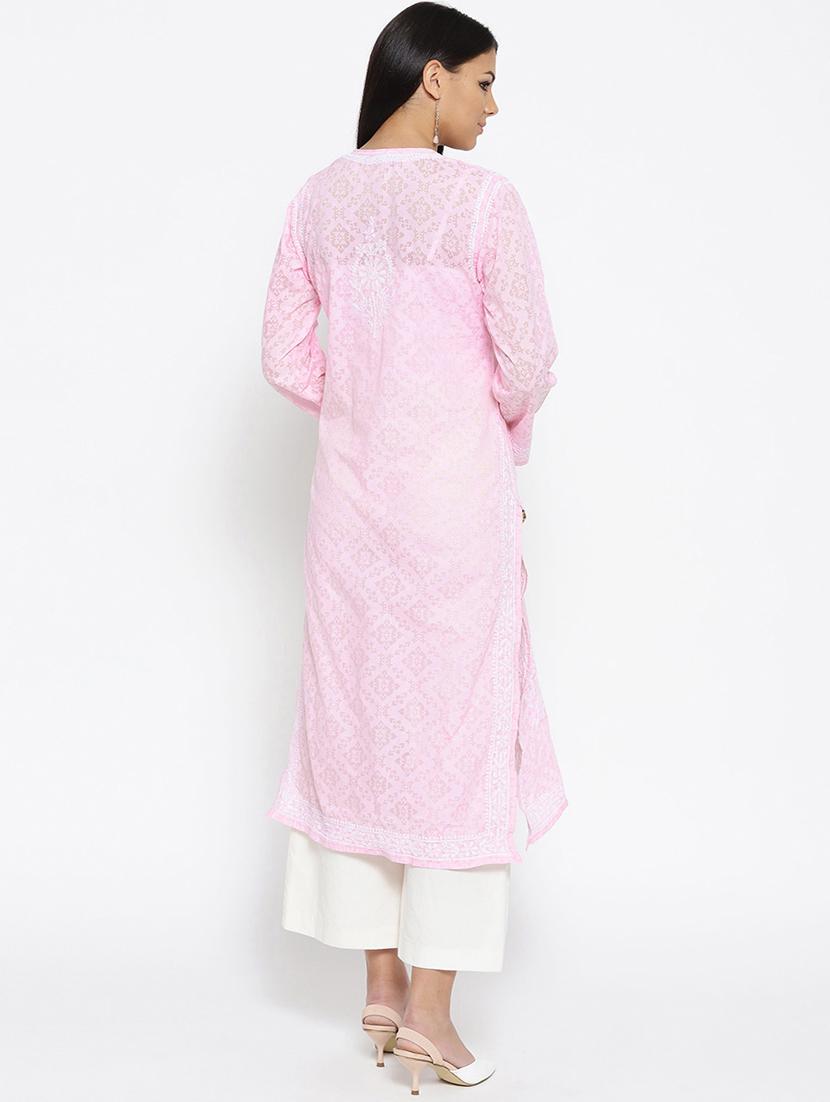 ada hand embroidered pink cotton lucknow chikankari kurta - 16844290 - Standard Image - 2