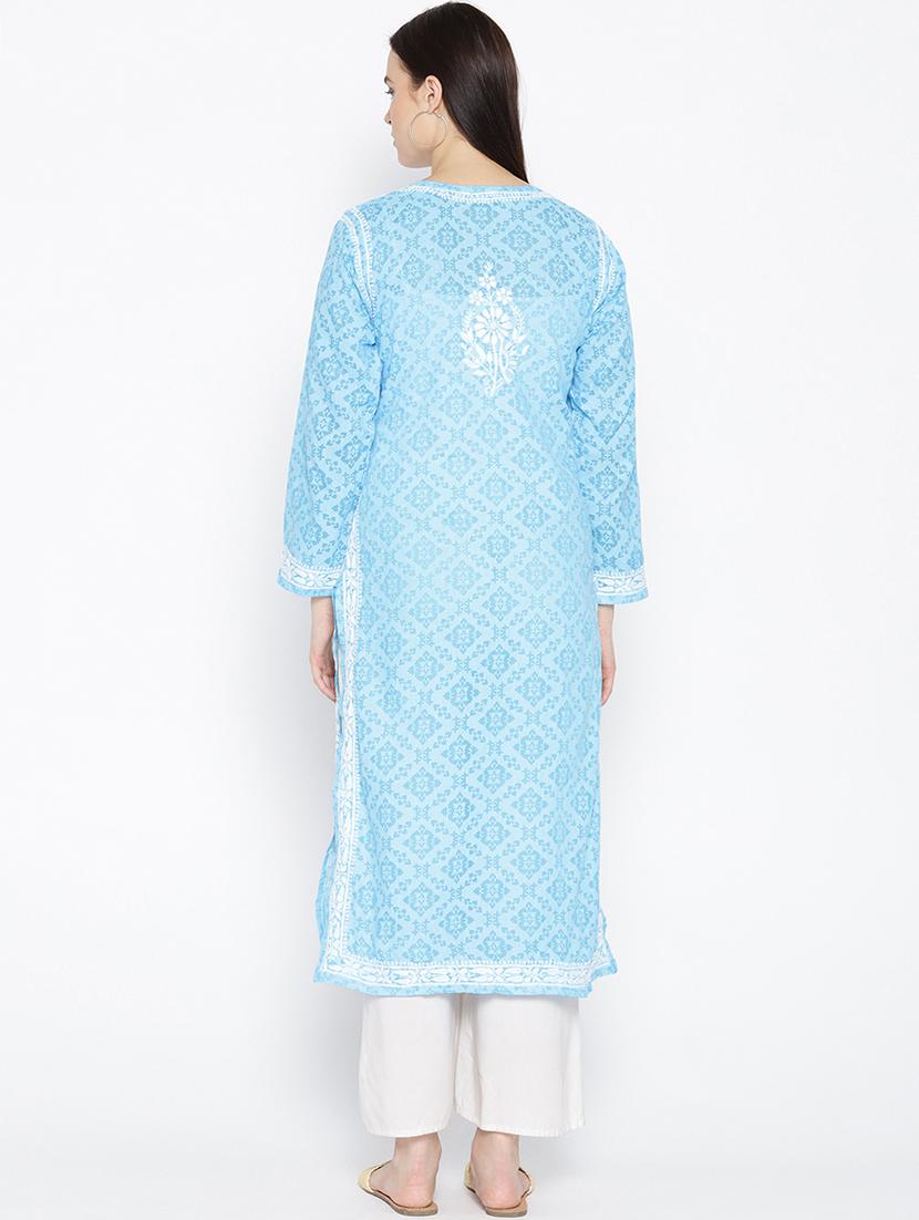 ada hand embroidered blue cotton lucknow chikankari kurta - 16844291 - Standard Image - 2