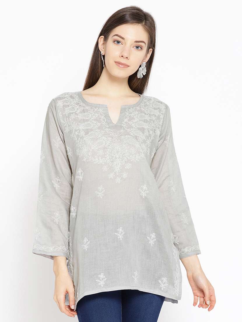 grey embroidered cotton straight kurti casual wear