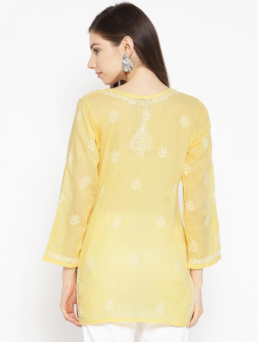 hand-embroidered yellow chikankari kurti - 16847878 - Standard Image - 2