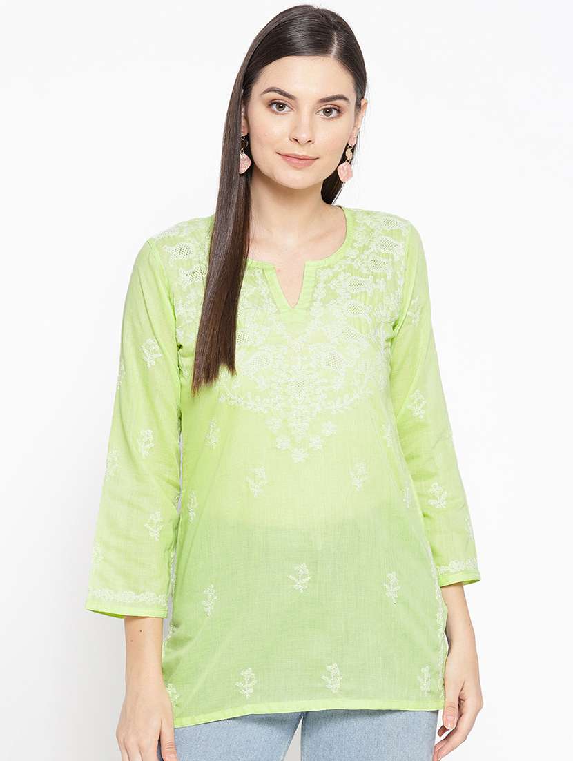  hand-embroidered green chikankari kurti - 16847883 -  Zoom Image - 0