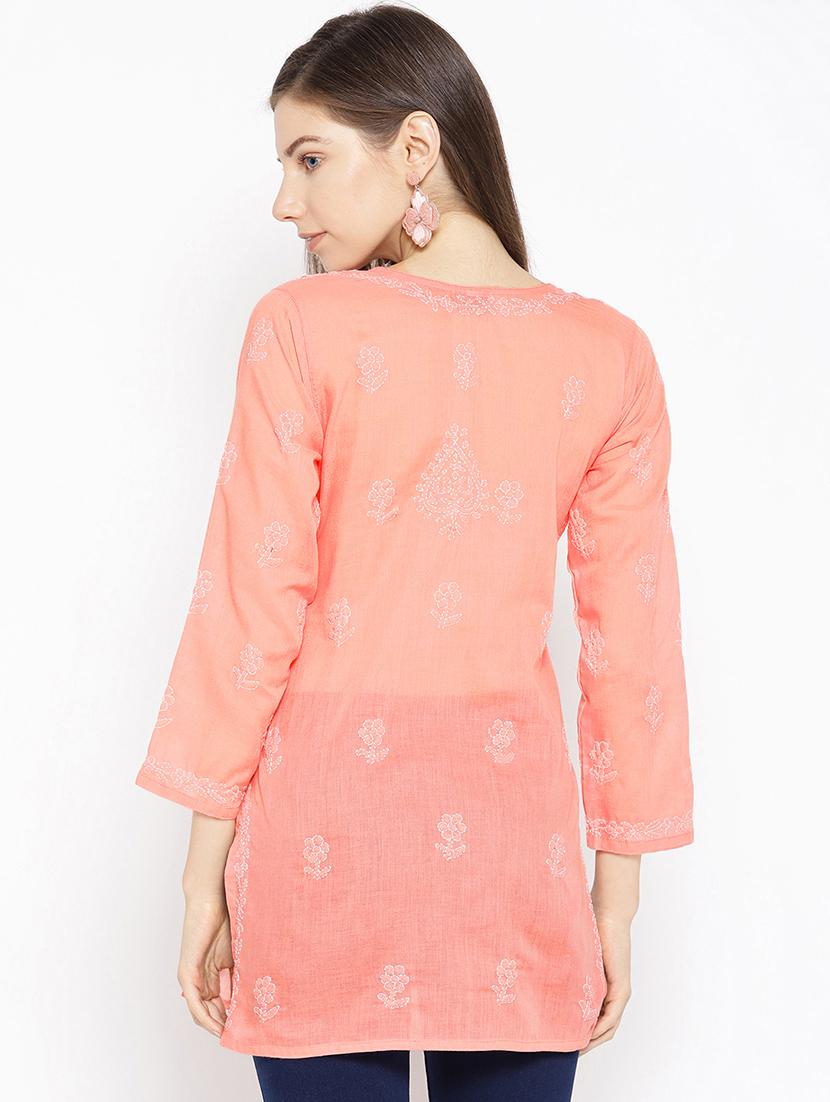 ada hand-embroidered peach chikankari kurti - 16847884 - Standard Image - 2