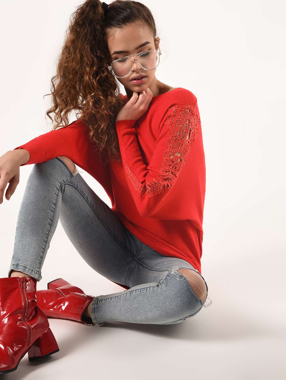 lace panel embellished detail pullover