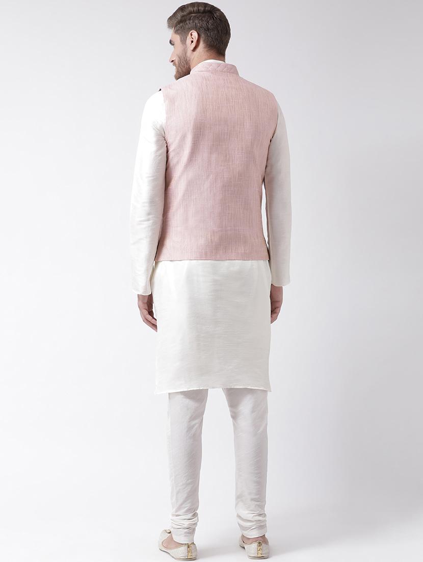 white silk blend kurta pyjama set with pink solid nehru jacket - 16856885 - Standard Image - 2