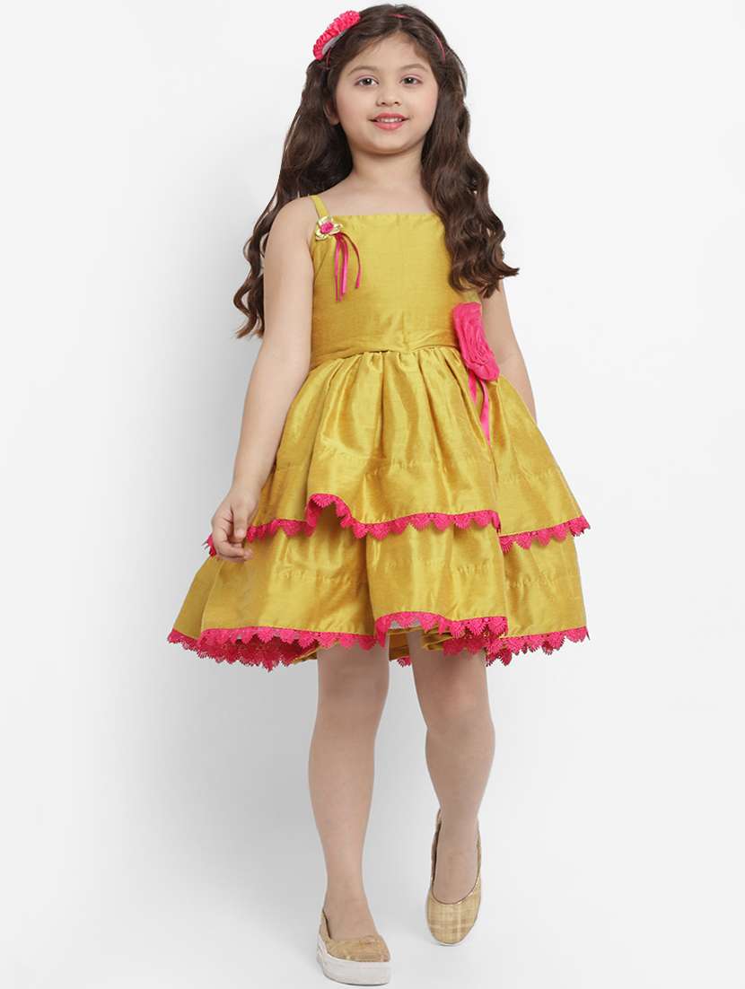 yellow solid lace detailed silk blend frock