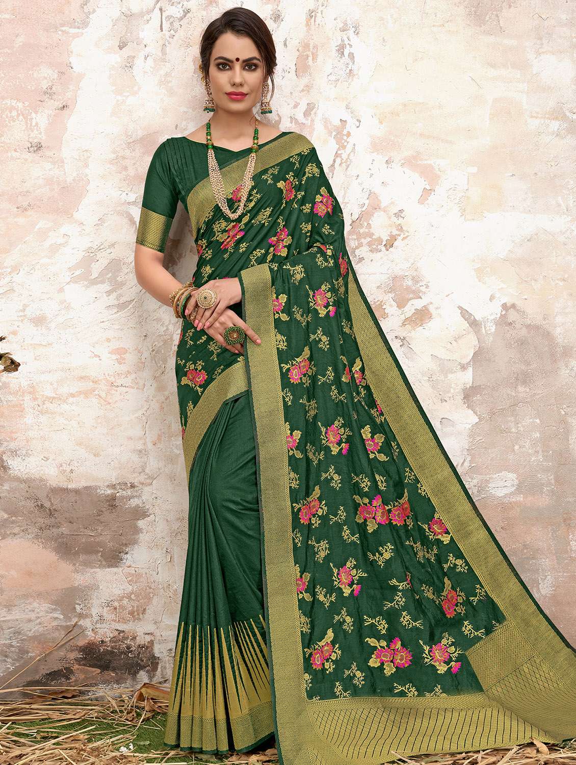 women's floral bottle green colored saree