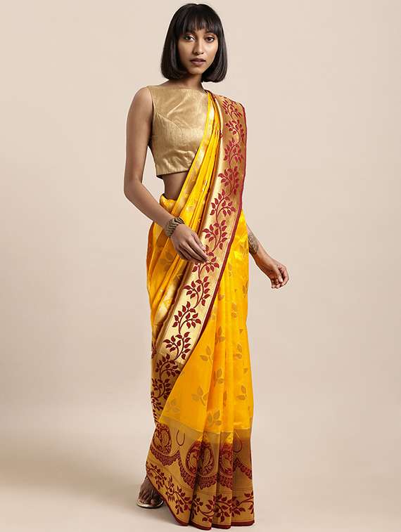 women's self design yellow colored saree with blouse