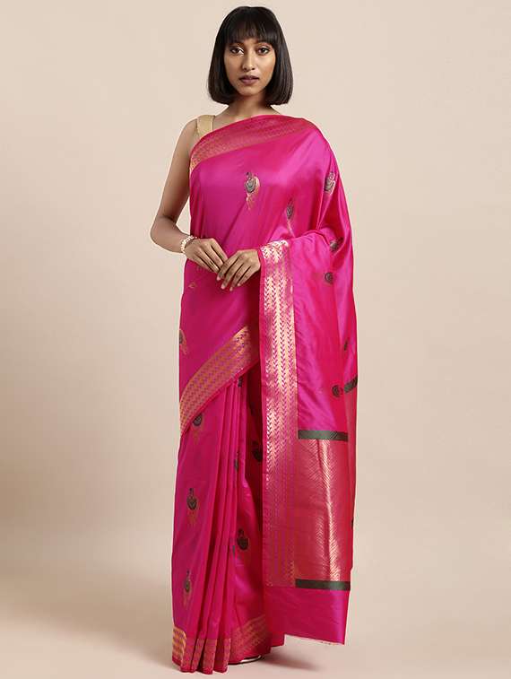 women's bordered pink colored saree with blouse