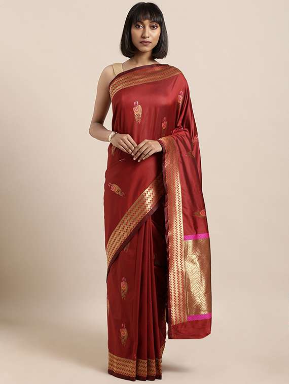 women's conversational maroon colored saree with blouse