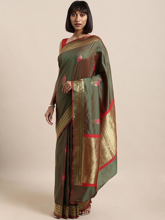 women's self design olive colored saree with blouse