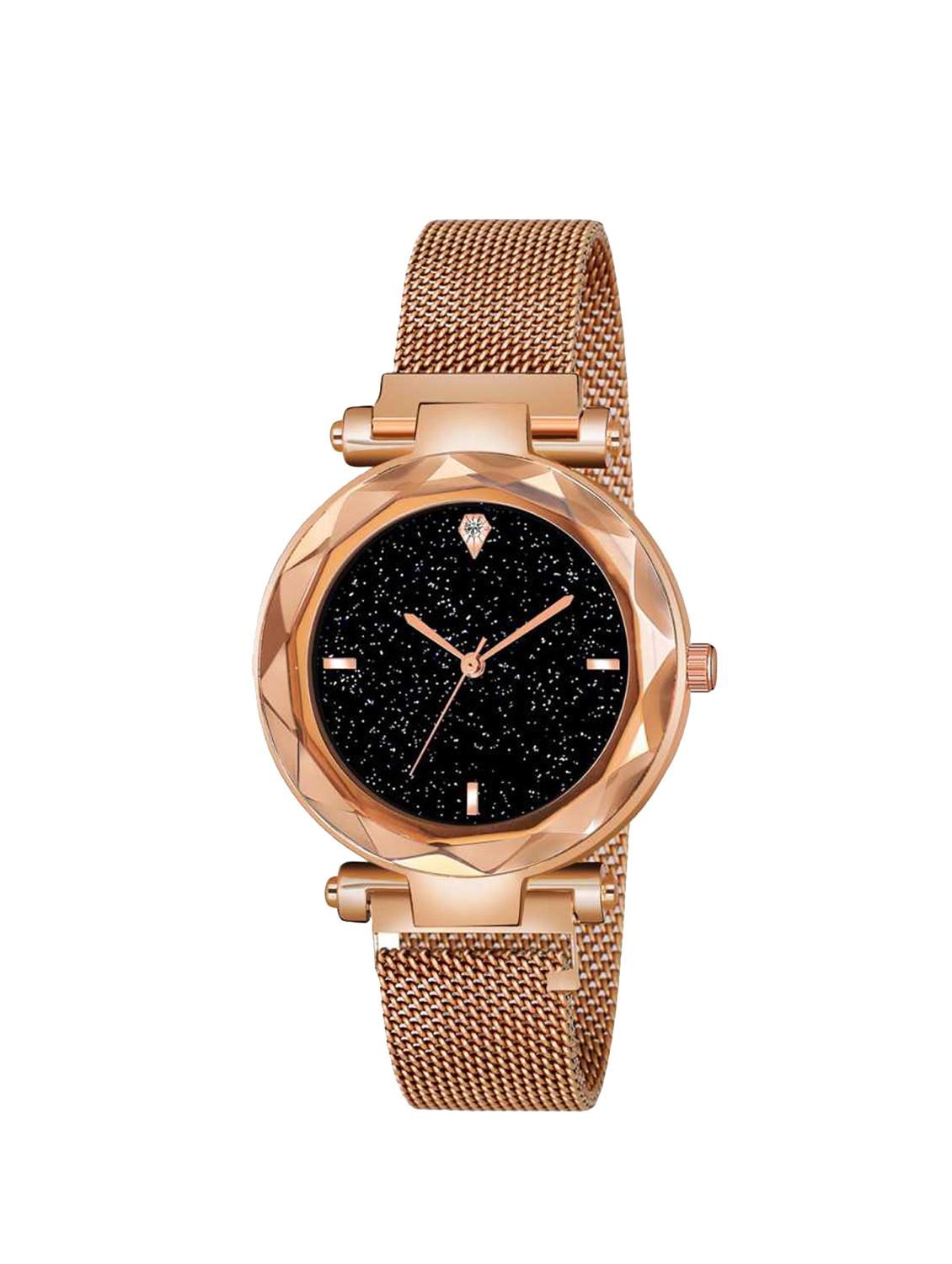 lorenz sparkling diamond cut black dial magnetic strap luxury analog watch - rose gold - as-76a 