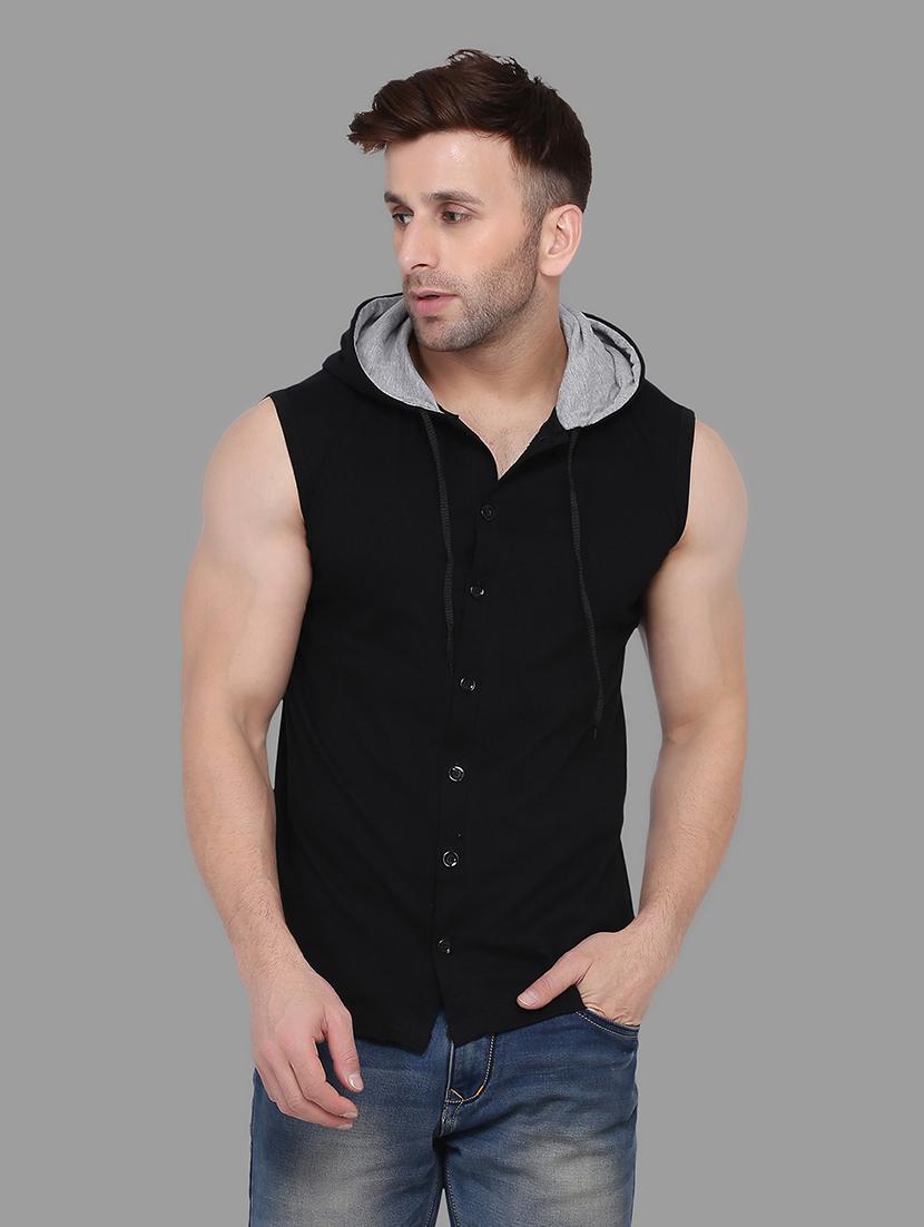 men black slim fit sleeveless hooded t-shirt - 16873145 -  Zoom Image - 0