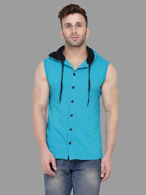 blue solid hooded t-shirt - 16873146 -  Standard Image - 0