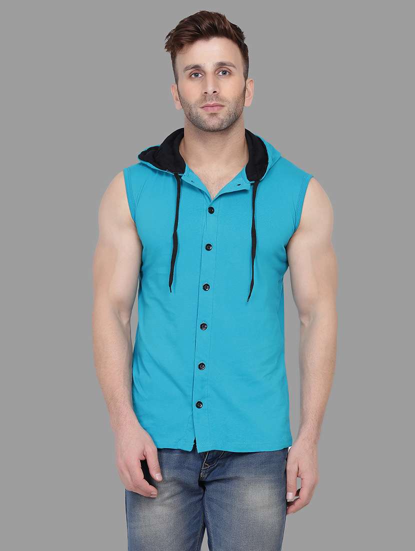 blue solid hooded t-shirt - 16873146 -  Zoom Image - 0