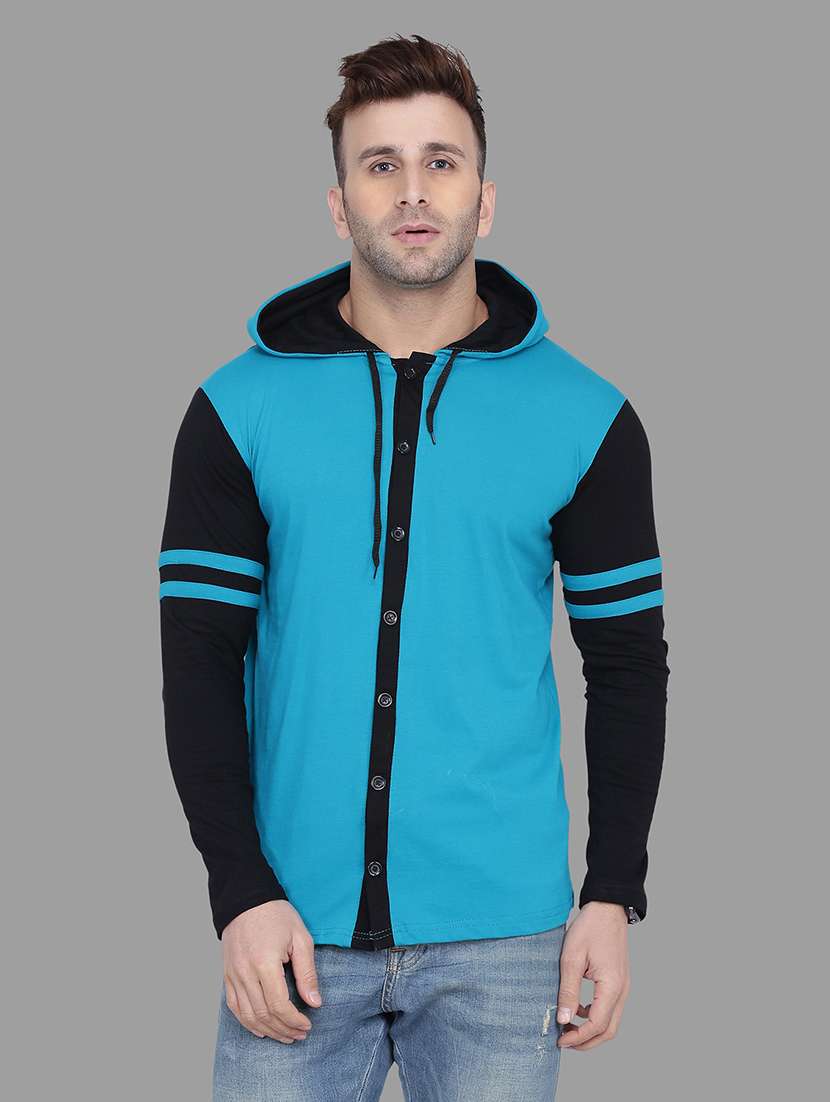 blue color block hooded t-shirt