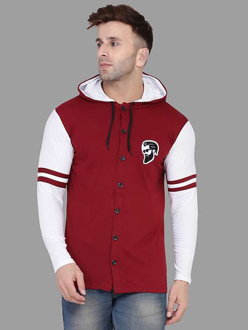 maroon color block hooded t-shirt - 16873204 -  Standard Image - 0