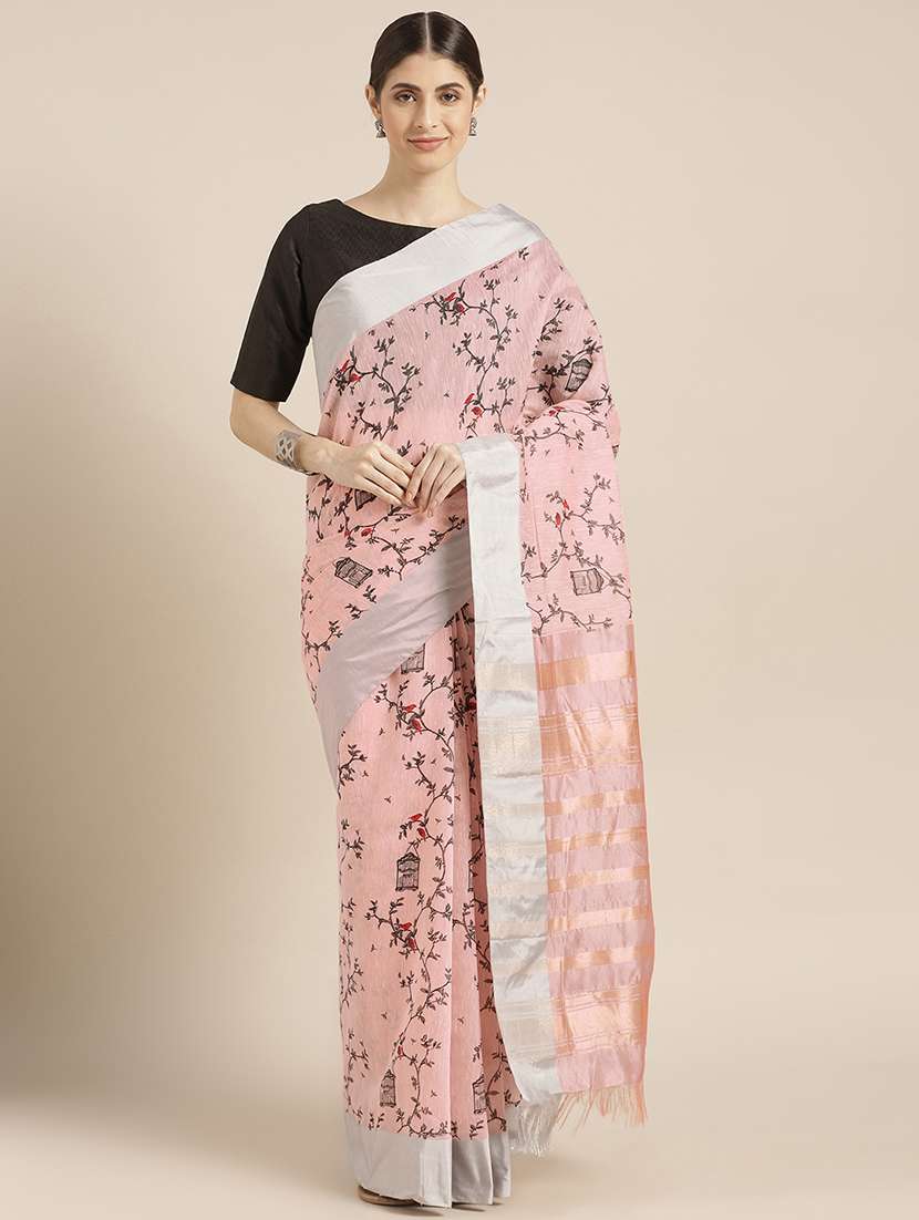 women's self design peach colored saree with blouse