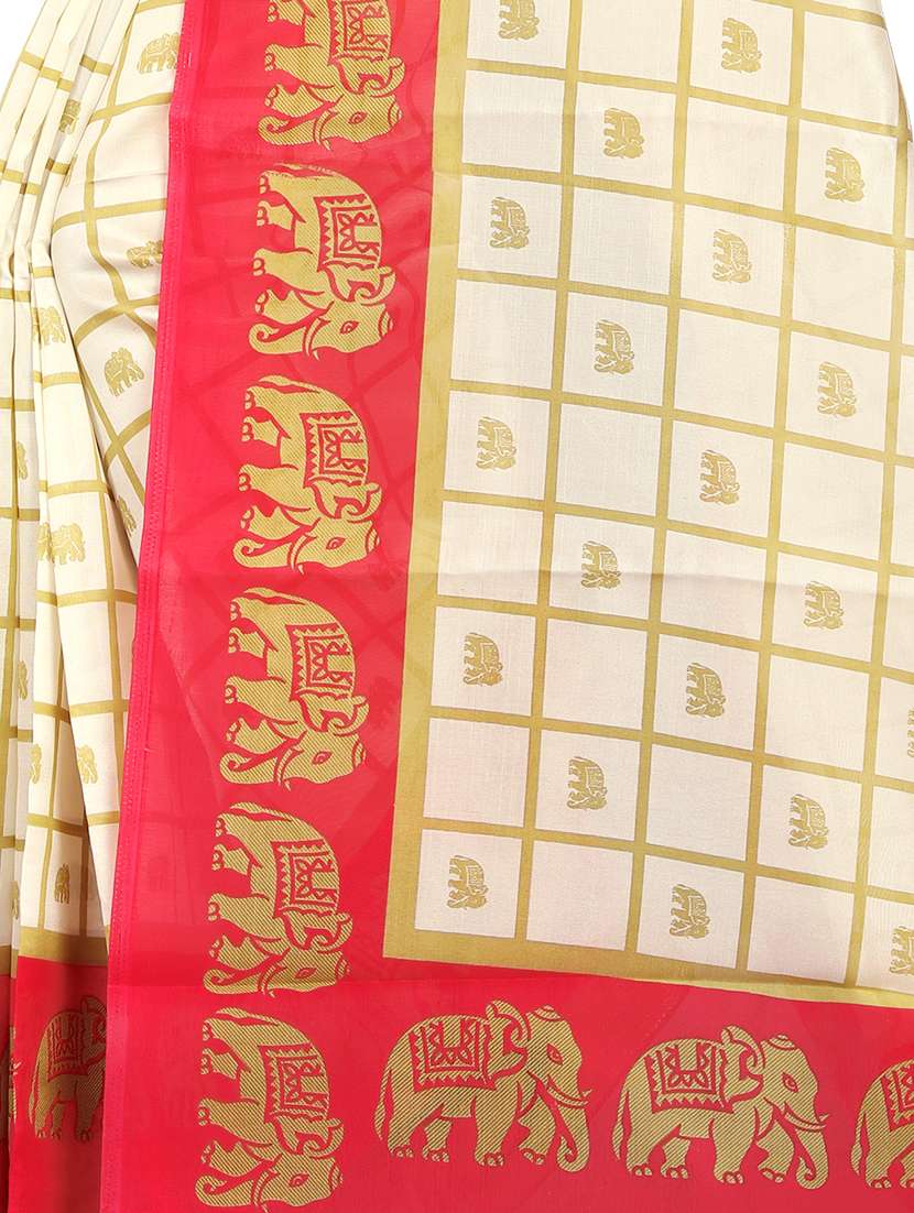 women's checks cream colored saree with blouse - 16878305 - Standard Image - 2