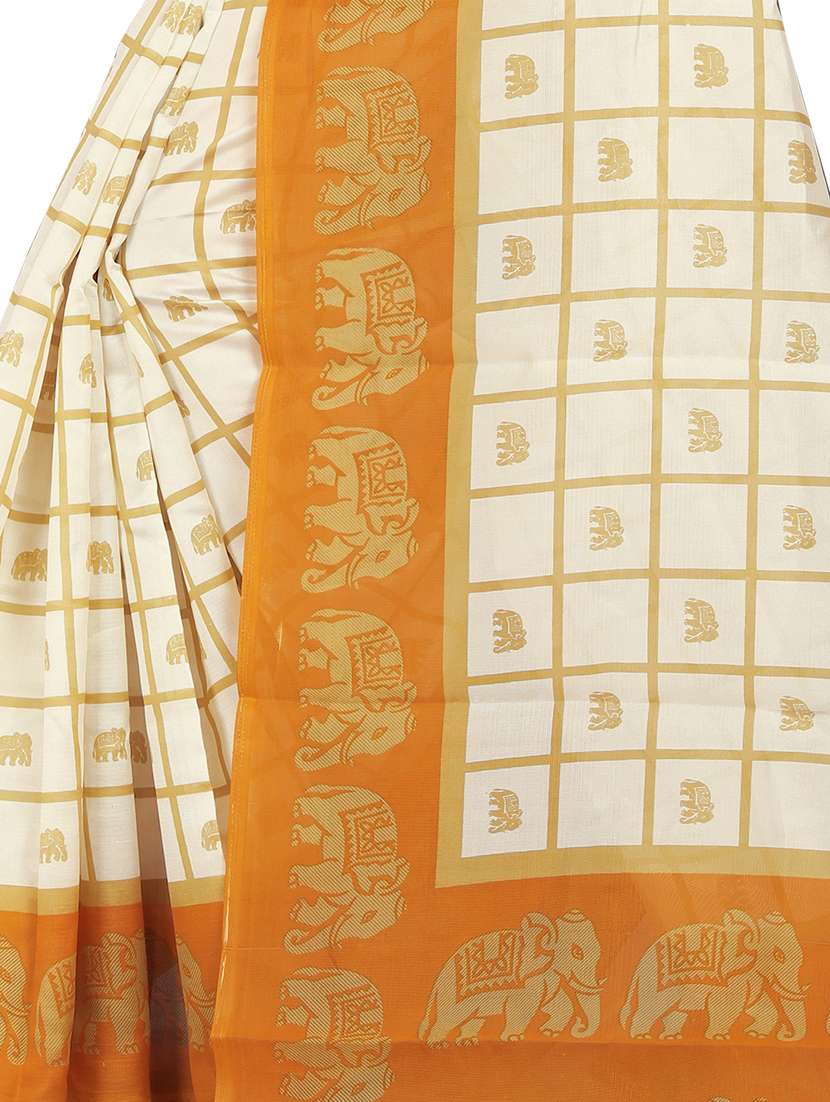 women's checks cream colored saree with blouse - 16878307 - Standard Image - 2