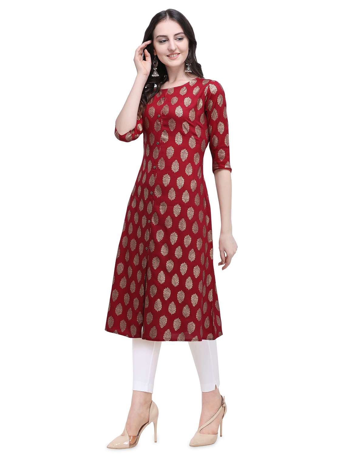 gold print a-line kurta