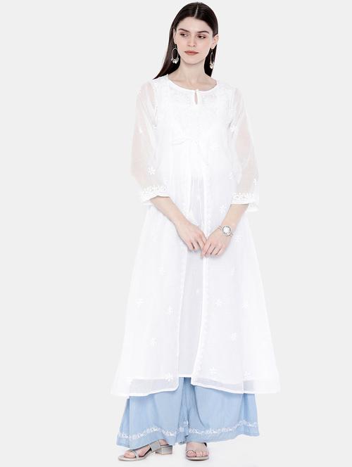 white long cotton silk a line women chikankari kurta - 16889777 - Standard Image - 0