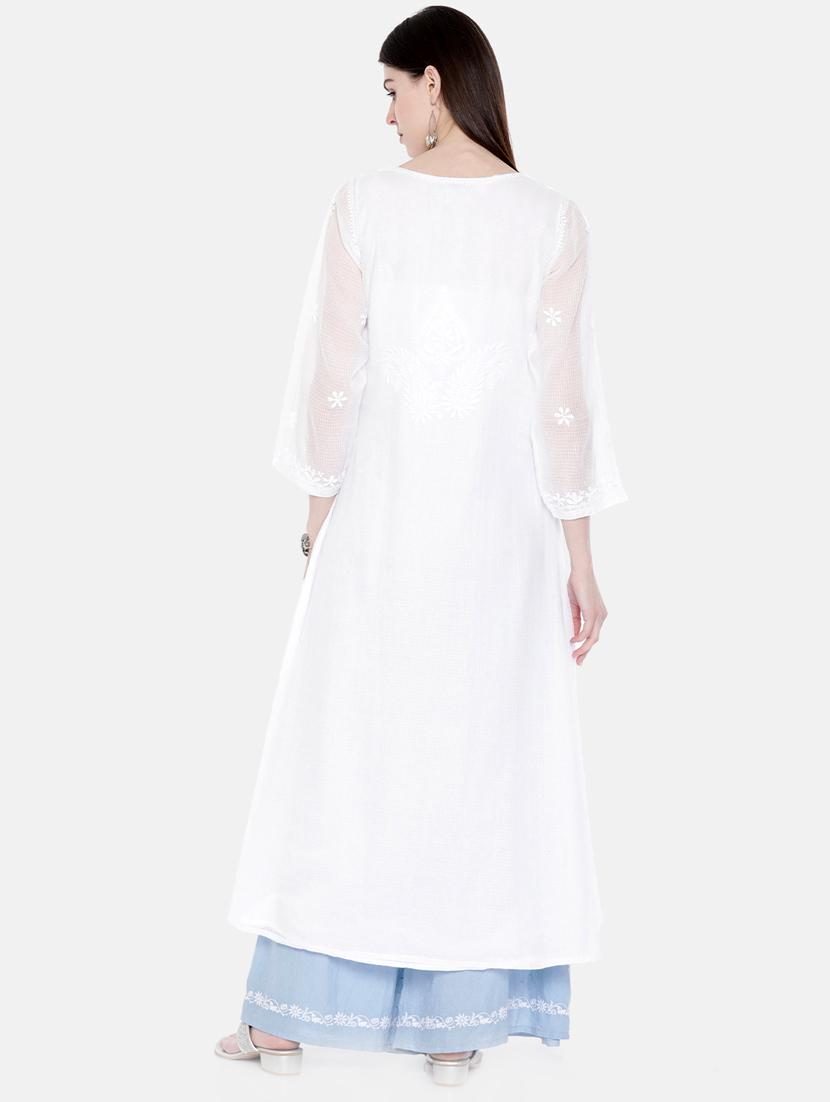 white long cotton silk a line women chikankari kurta - 16889777 - Standard Image - 2