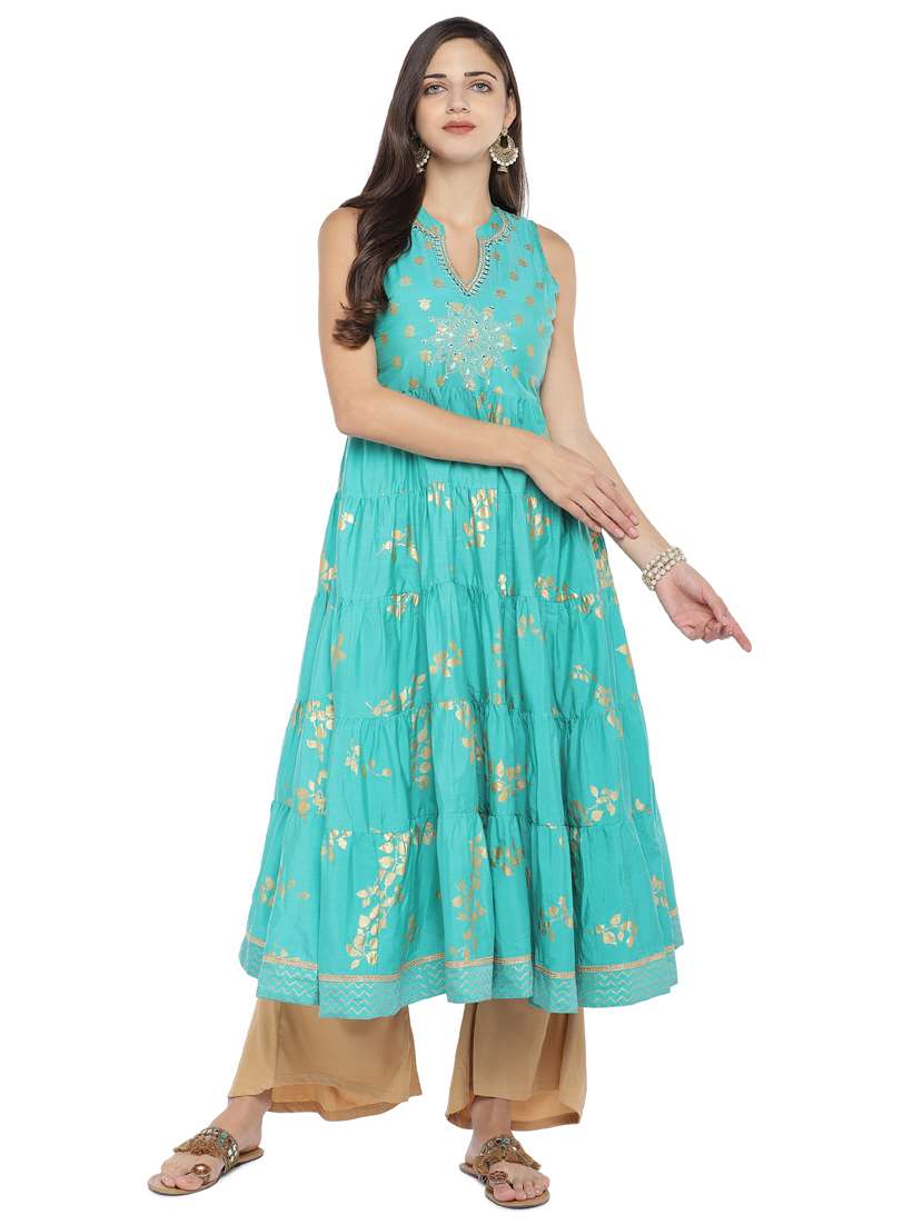 foil print tiered flare kurta 