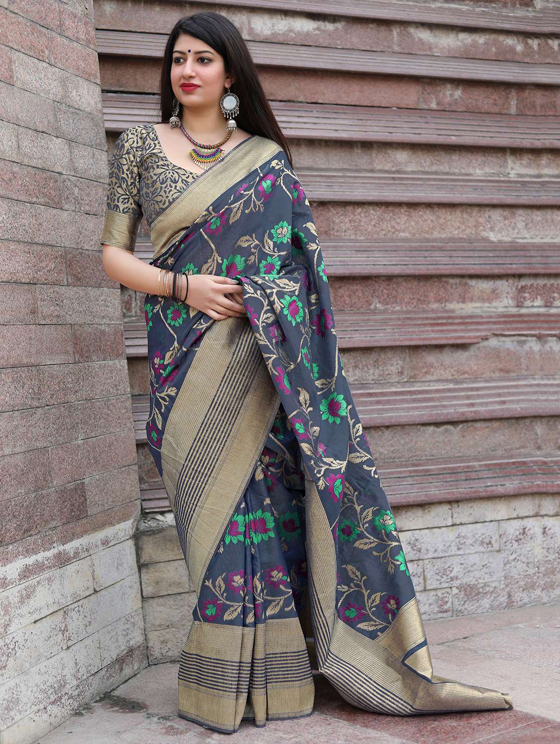 floral woven saree with blouse