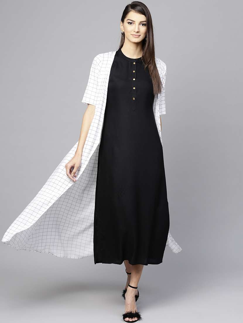 button detail a-line dress with checkered shrug 