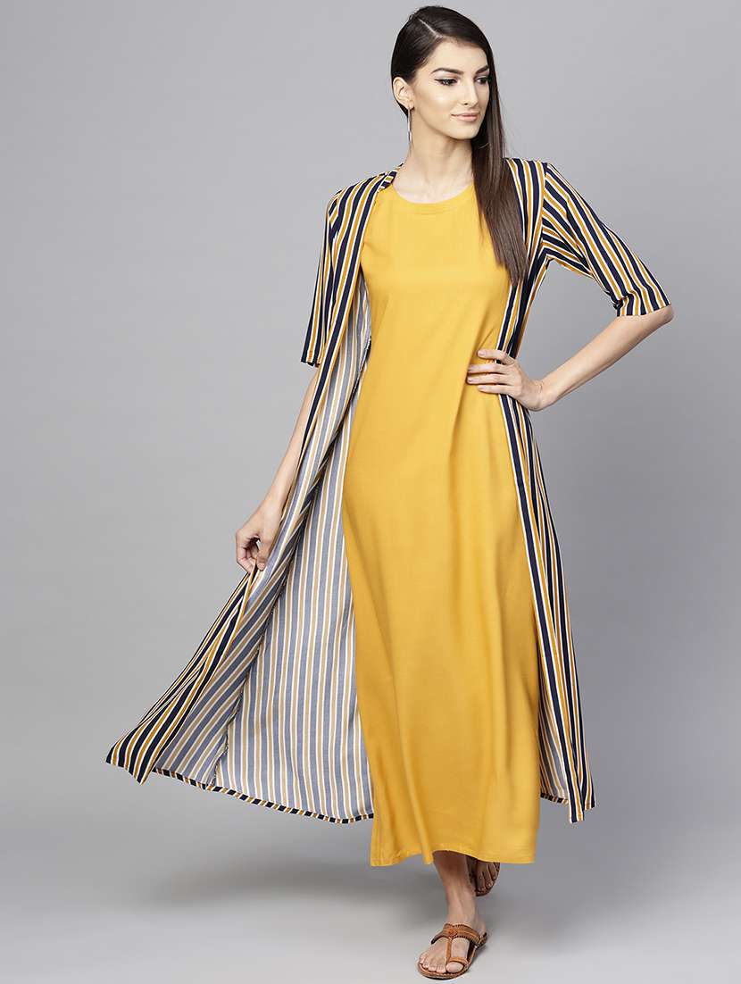 button detail a-line dress with striped shrug 