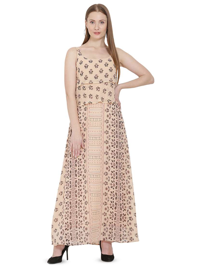 scoop neck floral layered maxi dress