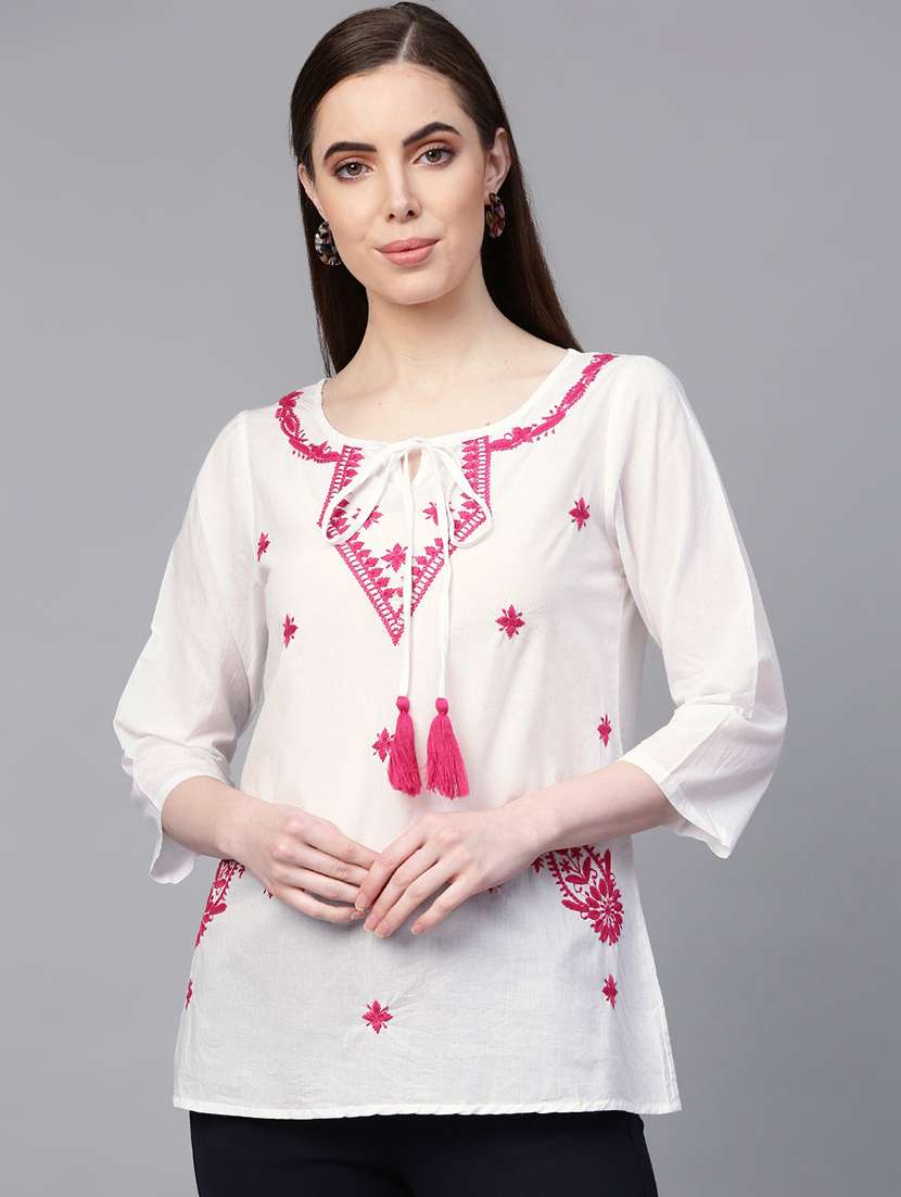 tie up neck embroidered detail top 