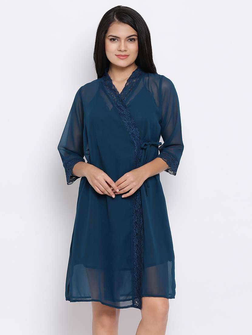 tie front lace detail sleepwear robe