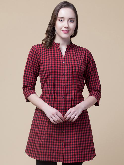 mandarin neck checkered tunic - 16919405 - Standard Image - 0