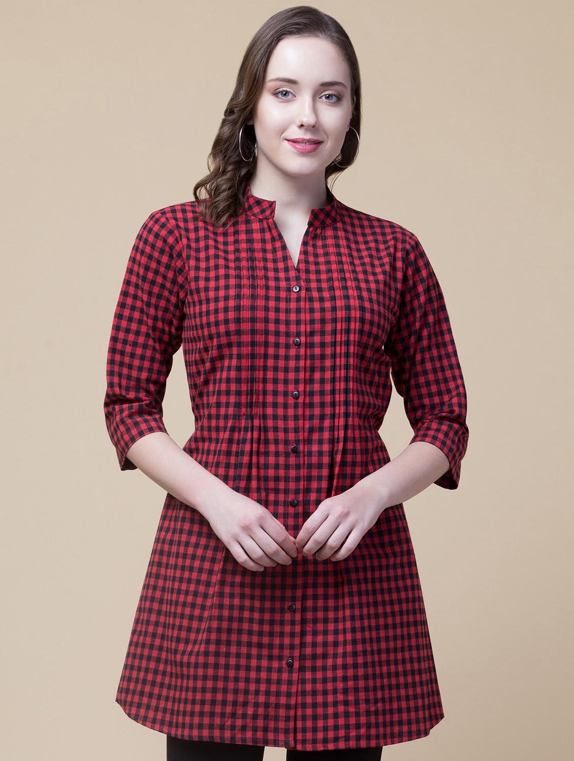 mandarin neck checkered tunic - 16919405 - Zoom Image - 0