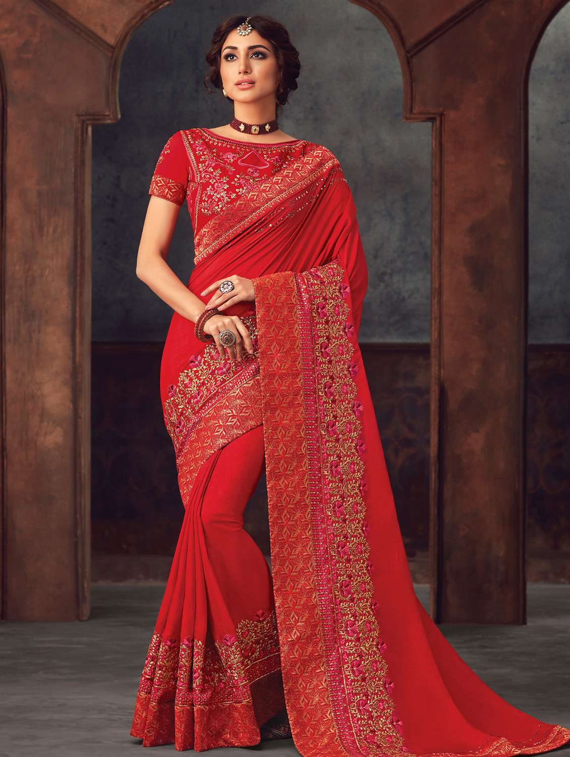 solid embroidered saree with blouse