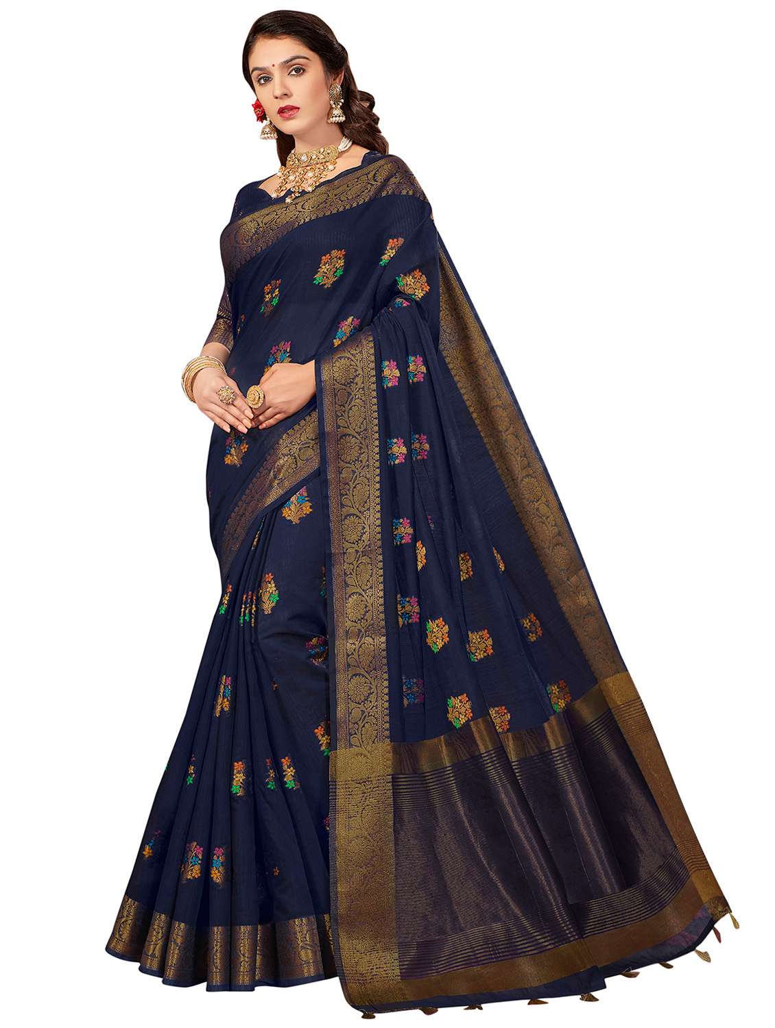 women's self design navy blue colored saree with blouse
