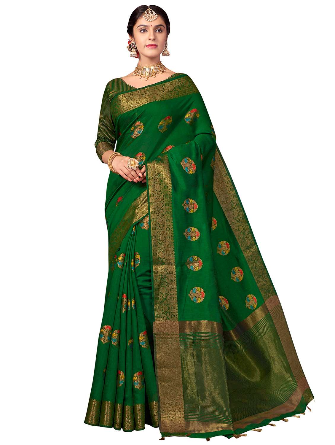women's self design bottle green colored saree with blouse
