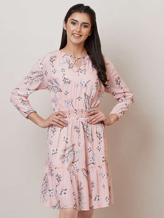 tie up neck floral a-line dress 